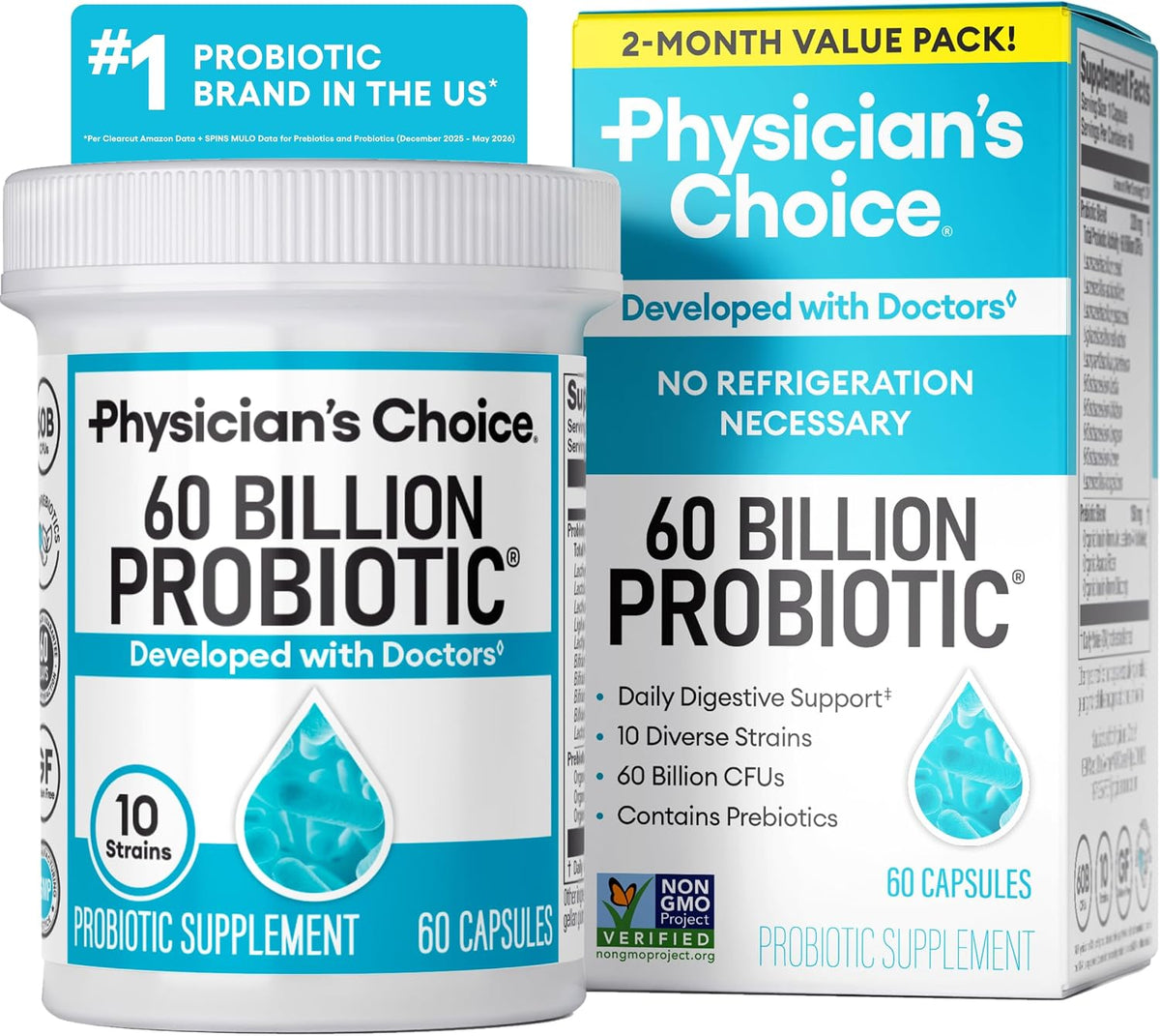 Physician's CHOICE Probióticos 60 mil millones de UFC – 10 cepas + prebióticos orgánicos