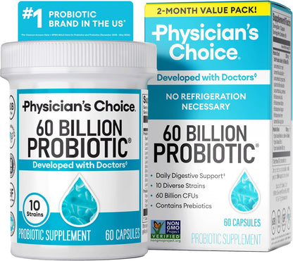 Physician's CHOICE Probióticos 60 mil millones de UFC – 10 cepas + prebióticos orgánicos