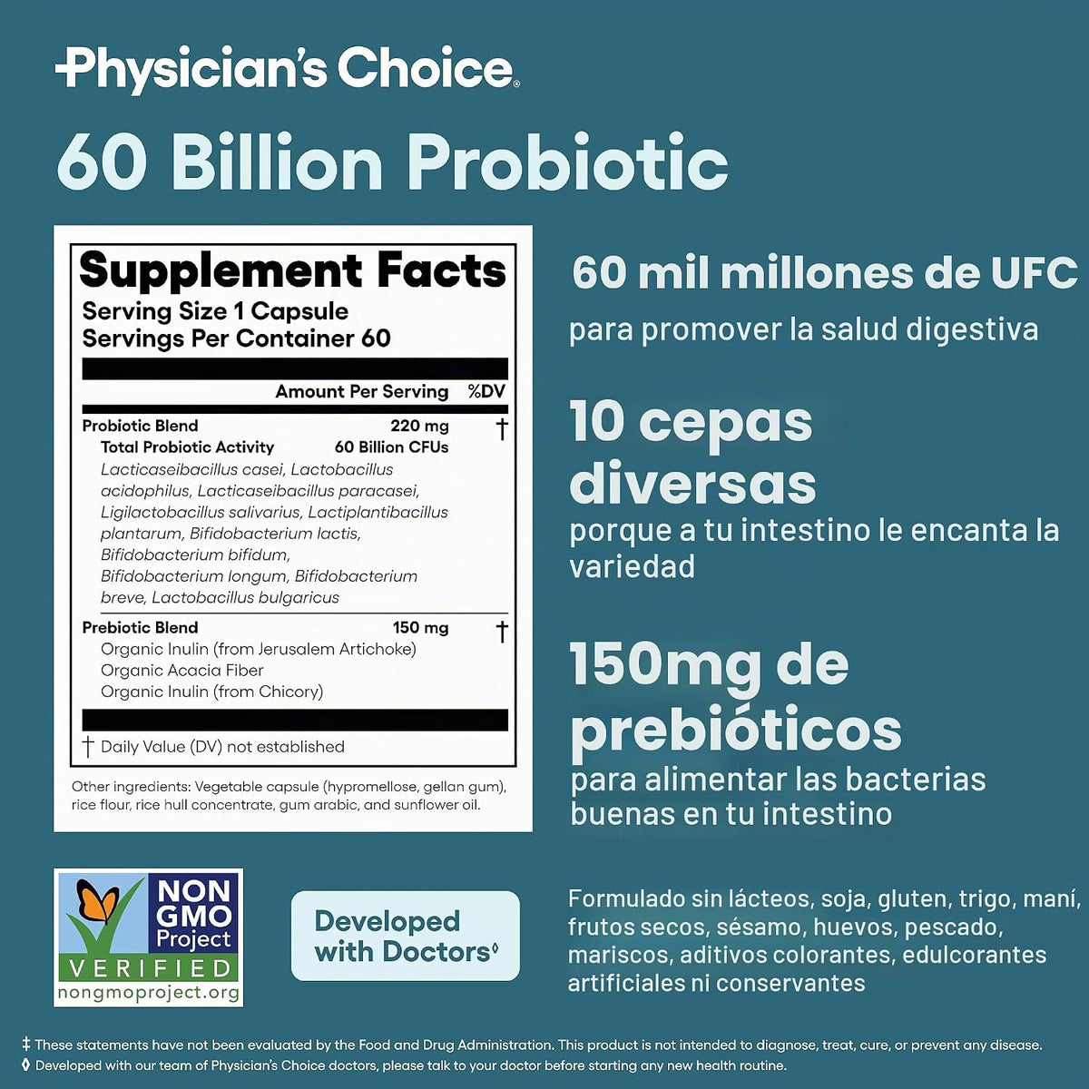 Physician's CHOICE Probióticos 60 mil millones de UFC – 10 cepas + prebióticos orgánicos