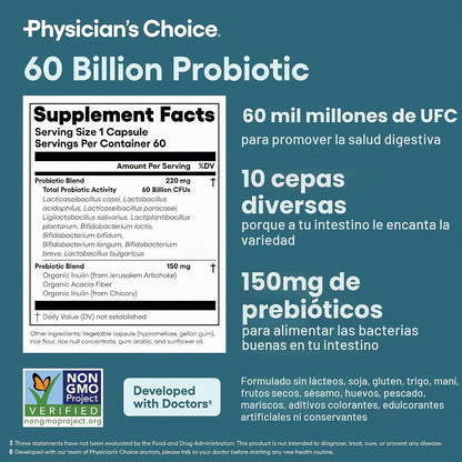 Physician's CHOICE Probióticos 60 mil millones de UFC – 10 cepas + prebióticos orgánicos